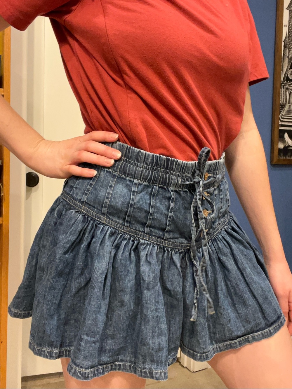 We The Free Blue Denim Tiered Mini Skirt with Lace-Up Waist